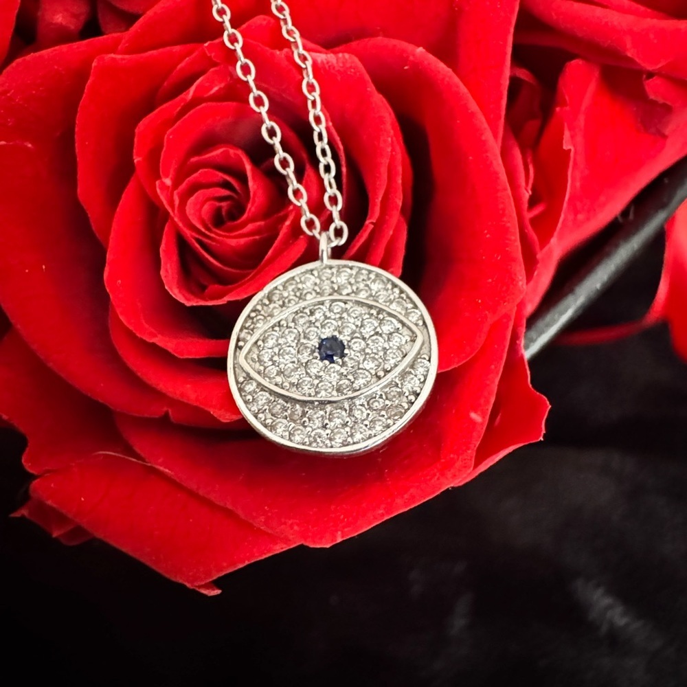 💥SALE💥Evil Eye Pendant Necklace with stationed bezel set Crystals on chain 925